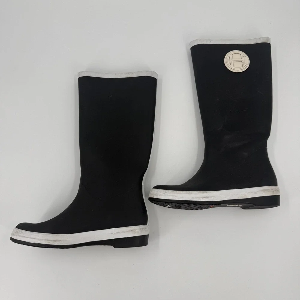 Cole Haan Rain Boots Womens US Size 6B Black White Rubber Waterproof Round Toe